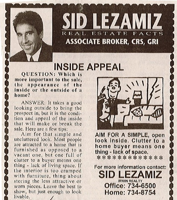Vintage newspaper clipping of a real estate advertisement featuring a portrait of a man named Sid Lezamiz, alongside a Q&A column about home sale appeal.