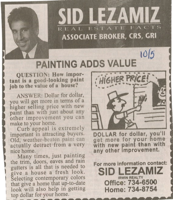 Newspaper snippet featuring Sid Lezamiz with a real estate tip on how painting adds value to a house, accompanied by a cartoon illustration.
