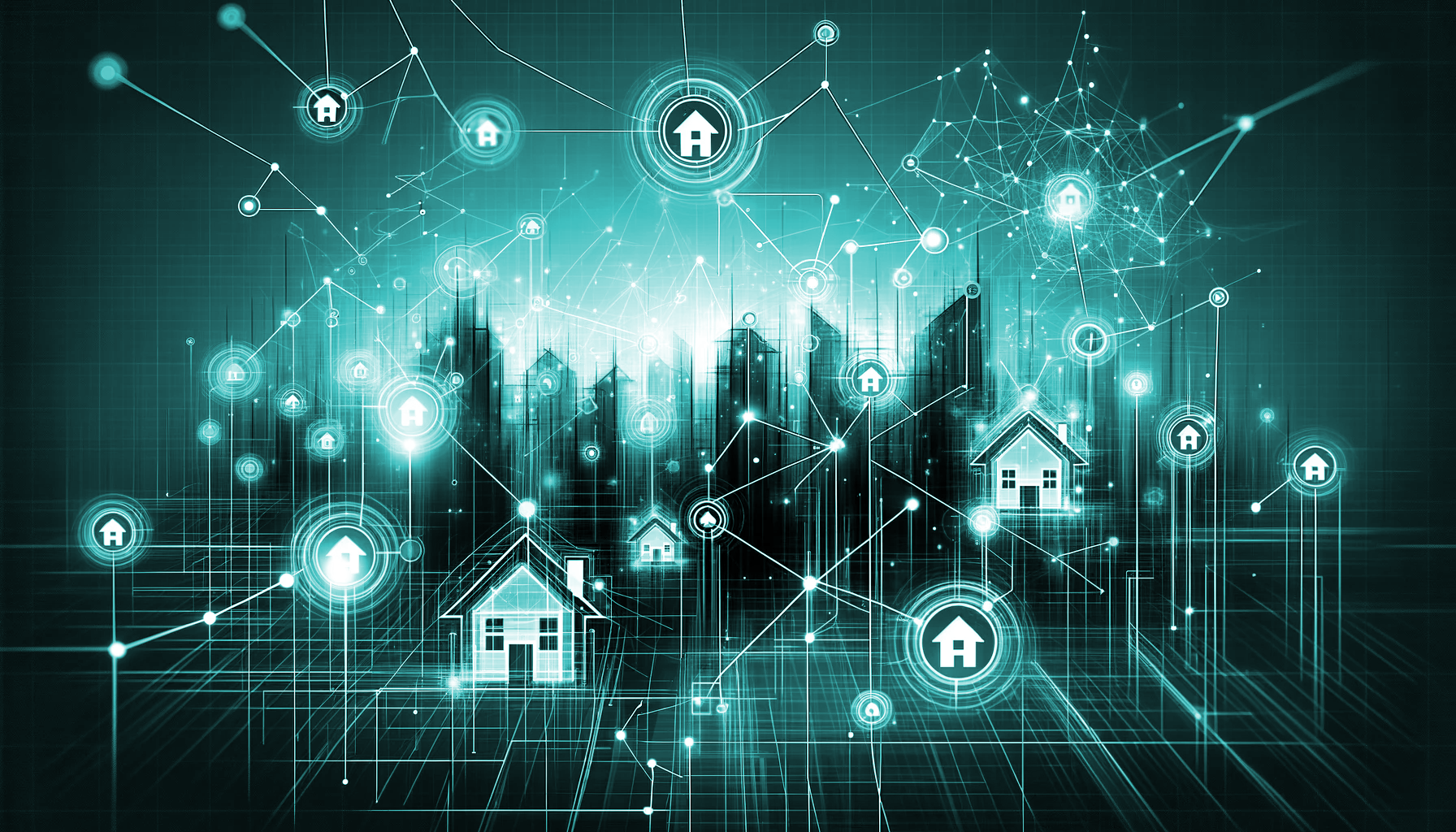 Digital graphic of a network of connected home icons over a cityscape, symbolizing a smart real estate network on a glowing teal background.