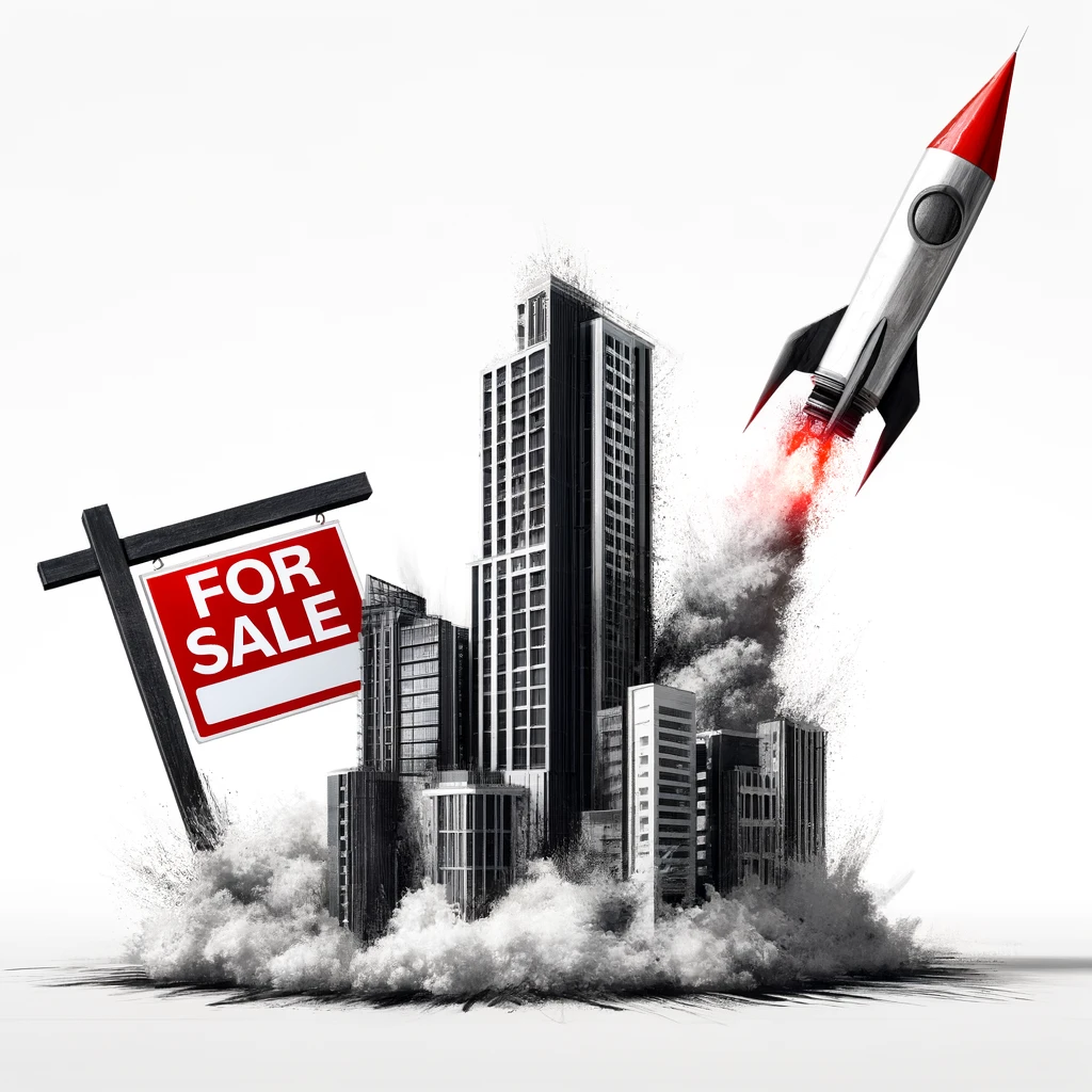 Abstract image of a real estate office building ascending like a rocket, depicted in bold black and red strokes on a white background, with an abstract 'For Sale' sign next to it, symbolizing the dynamic launch of a real estate company.