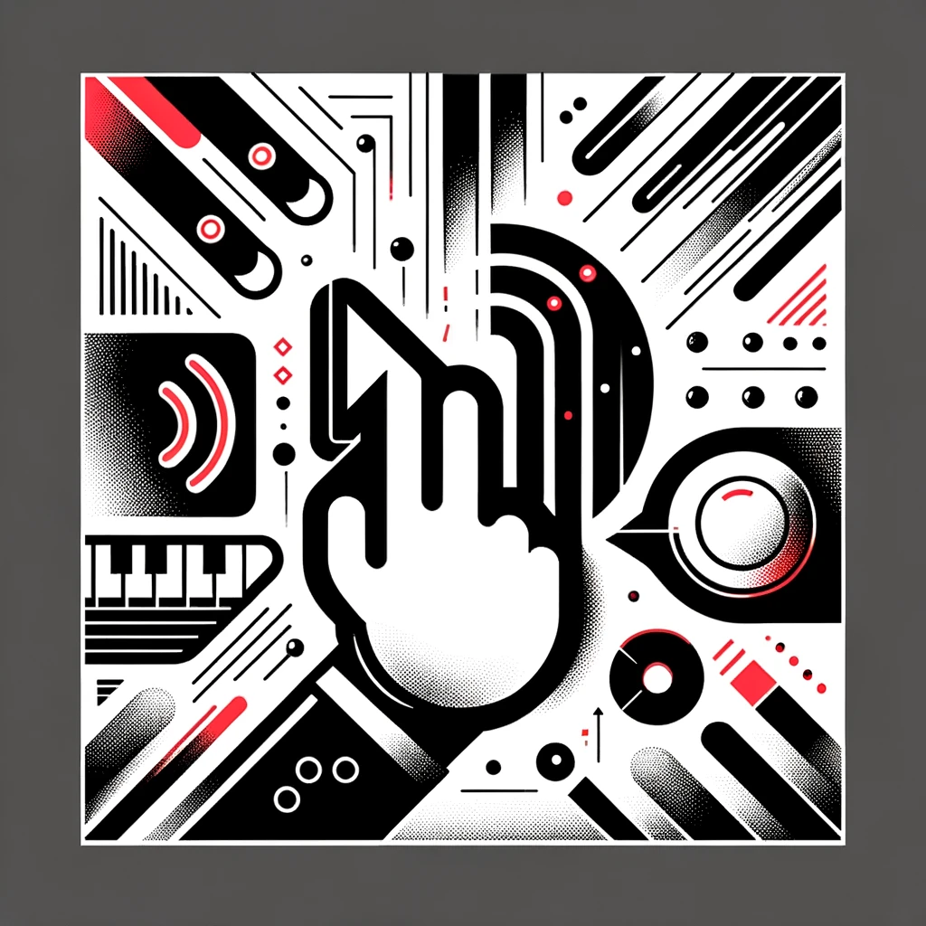 Abstract image with edge-to-edge bold black strokes and blood red highlights, representing digital accessibility features like a cursor, sound waves, and Braille patterns.