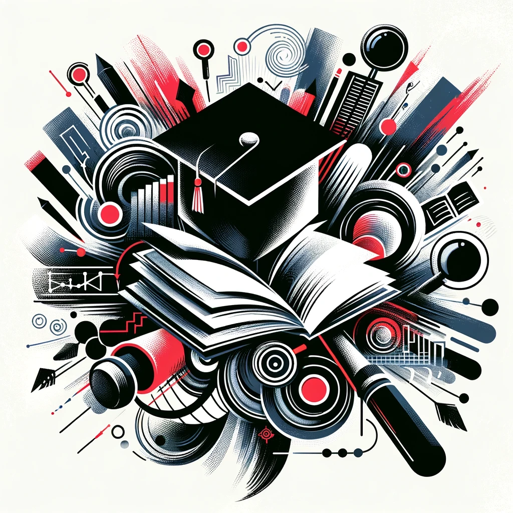 Abstract image with bold black strokes and blood red highlights on a white background, featuring symbols of education like books, charts, a graduation cap, and a magnifying glass, representing real estate educational resources.